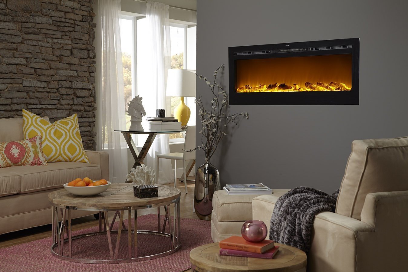 Touchstone Sideline 50" Black Recessed Electric Fireplace, Flush Mounted Wall