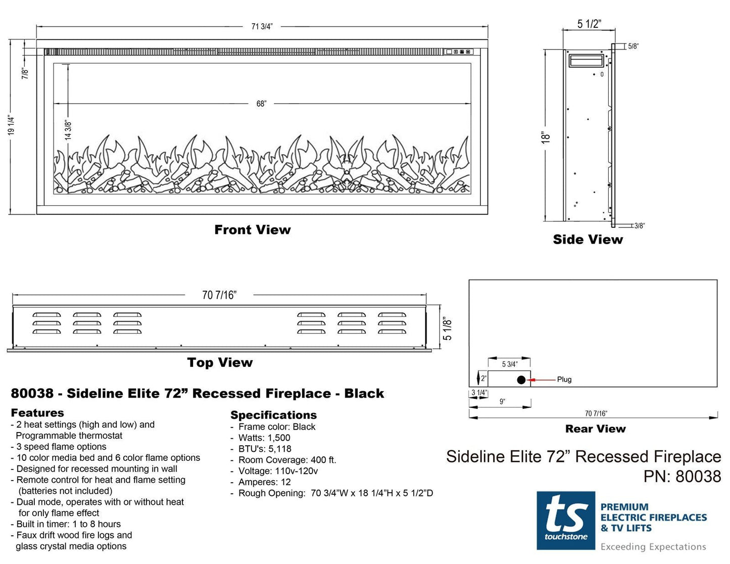 Touchstone Sideline Elite 72" Recessed Electric Fireplace