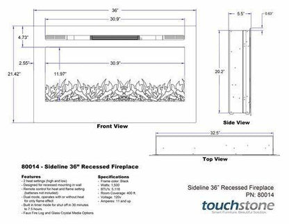 Touchstone Electric Fireplace Black Sideline 36 Wide (Wall inset design)