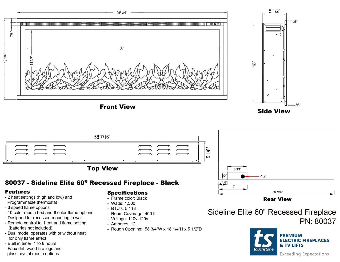 Touchstone Sideline Elite 60" Recessed Electric Fireplace